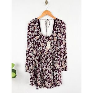 NWT Altar'd State Maroon Floral Babydoll Long Sleeve Mini Dress Sz XS
